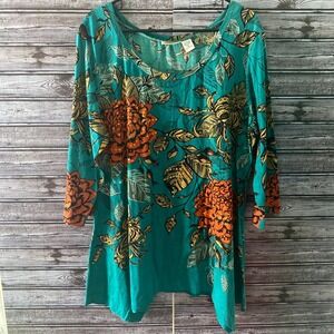 Collections Etc. Women's Long-Sleeved Top Size‎ XL Teal Floral Embellished NWOT